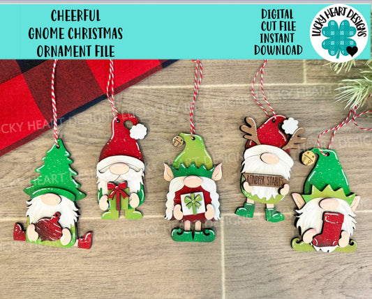 Cheerful Gnome Christmas Ornament File SVG, Gnomie Glowforge, LuckyHeartDesignsCo